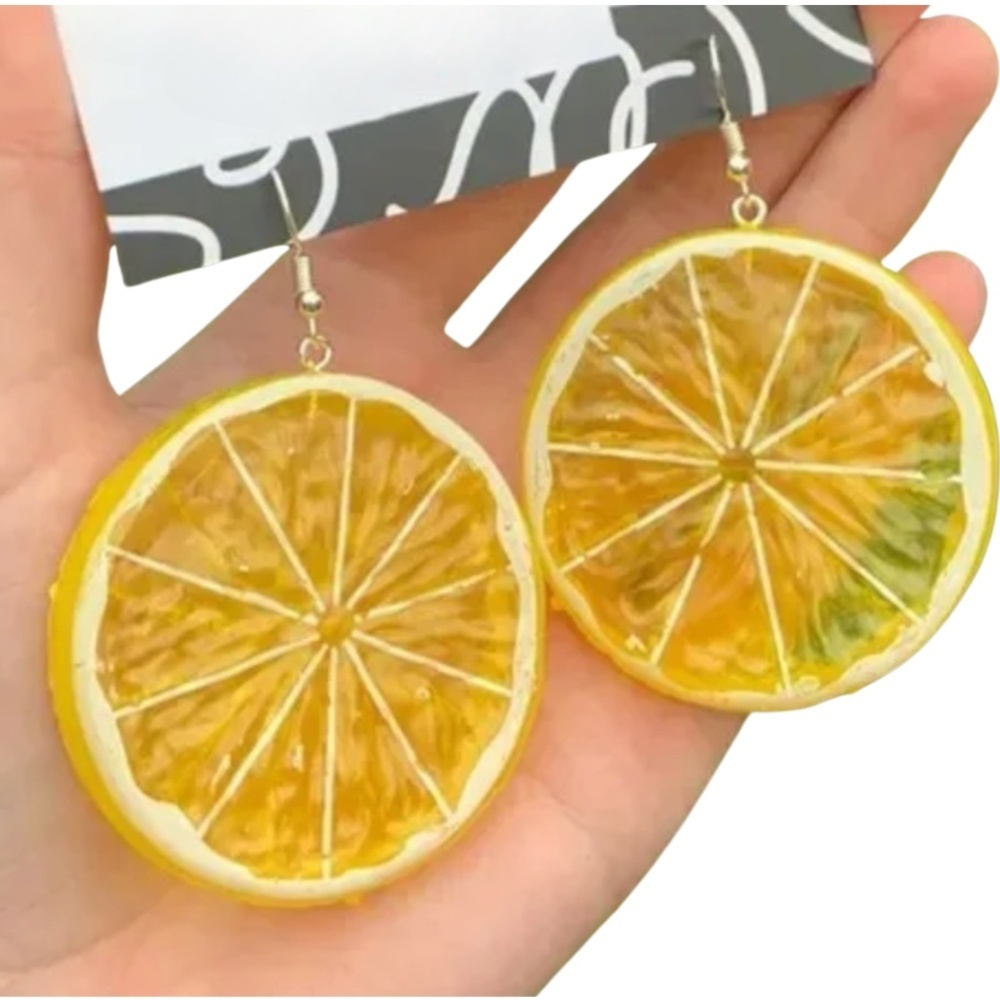 Bold Resin Lemon Slice Earrings – Oversized 3x2" Fruit Statement Dangles